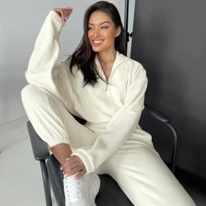 2025 Women's Hooded Street Fashion Sweatshirt Set Plush Fleece Two Piece Coord Fall Winter Lounge Date Sports Casual Outfit