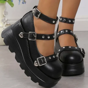 DoraTasia Retro INS Black Round Toe Heel Studded Punk Nightclub Ladies Mary Jane Y2 Lace Buckle Lolita Women's Shoes