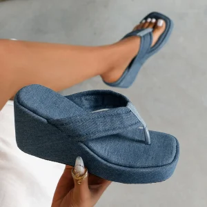 Casual Slippers Womens Shoes Denim Flip Flops Wedge Heel Women'S Summer New Thick Soled High Heeled Platform Zapatos De Mujer